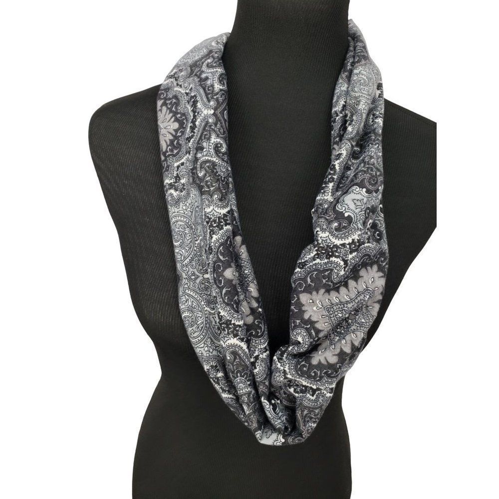 Black Grey Paisley Infinity Scarf Lightweight Loop